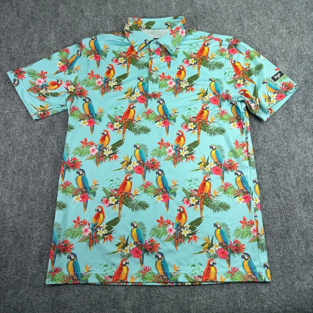 Waggle Polo Shirt Mens Medium Hawaiian Parrot Floral Print Performance Golf - Picture 1 of 8